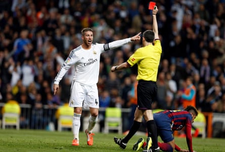 Ramos is dismissed in the clásico after a foul on Neymar. Barcelona also won a penalty that swung the game in their favour.