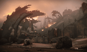 A smouldering fortress in the European Dead Zone sits in the middle of a Crucible map.