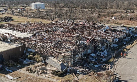 An aerial photo shows the destruction of the Mayfield Consumer Products candle factory after tornadoes moved through the area in Mayfield, Kentucky, on Friday night.