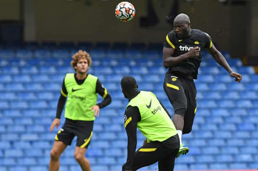 Romelu Lukaku in action with his new Chelsea teammates during an open training session at Stamford Bridge on Wednesday.