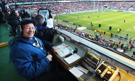 Ian Robertson of the BBC in a familiar position at Twickenham before the 2012 Six Nations game against Wales. 