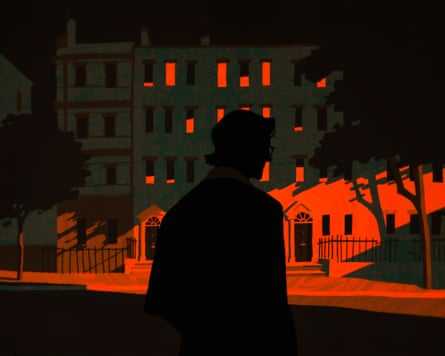 An illustration of a man in silhouette in front of a London townhouse