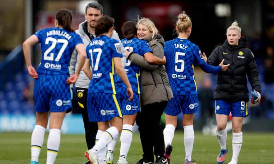 Courage, confidence, conviction: how Chelsea won a third straight WSL title | Chelsea Women 2 Emma Hayes celebrates with Sam Kerr at full time after beating Aston Villa 1-0 at Kingsmeadow on 13 March