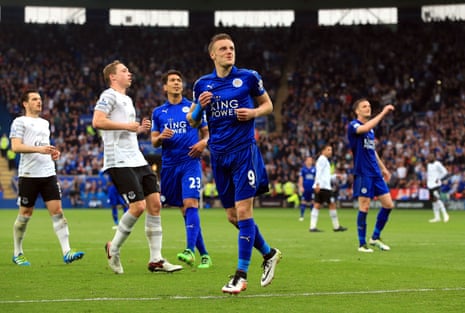 Leicester City’s Jamie Vardy reacts after missing from the penalty spot.