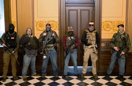 A militia group in front of the Michigan governor’s office in Lansing, 30 April 2020
