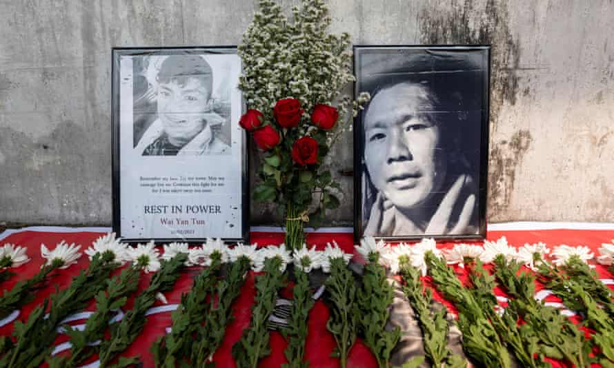 Protest against military coup in YangonFlowers are left at a makeshift memorial for the people killed during a protest against the military coup in Mandalay on the previous day, in Yangon, Myanmar, February 21, 2021.