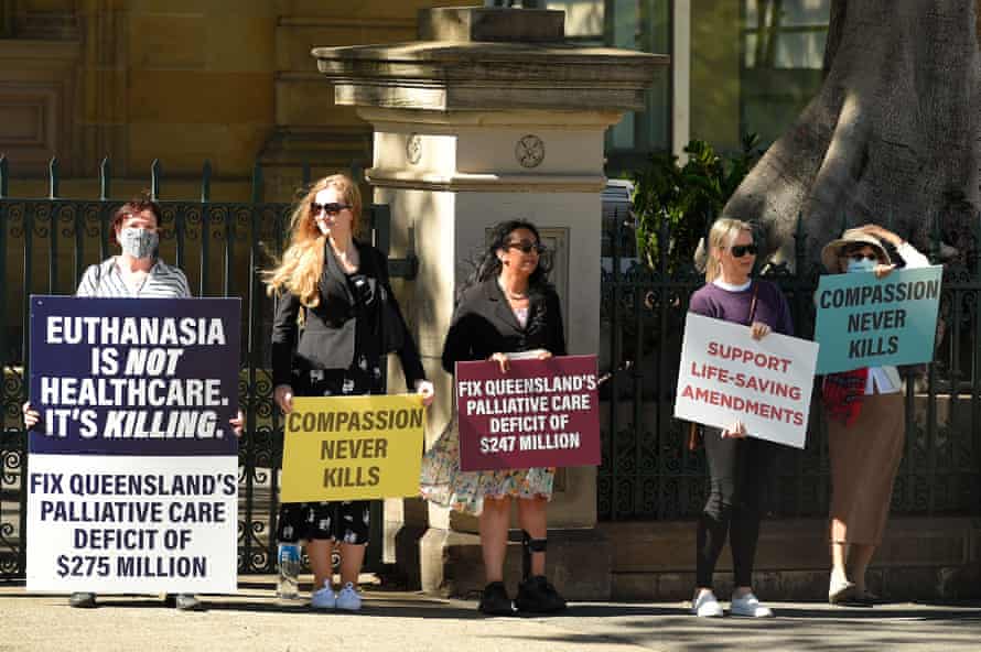 Protesters against the voluntary assisted dying bill outside Brisbane’s parliament house last week