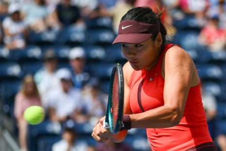 Britain's Emma Raducanu plays a return to Kazakhstan's Elena Rybakina.