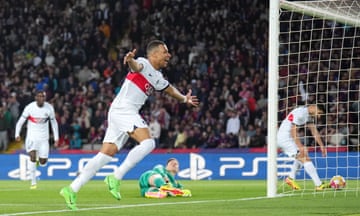 Kylian Mbappé celebrates scoring his second goal in PSG’s comeback victory against Barcelona