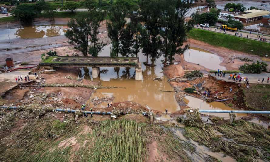 A collapsed bridge on the Griffiths Mxenge highway after flooding in Durban.