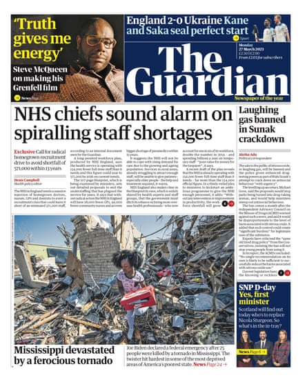Guardian front page, Monday 27 March 2023