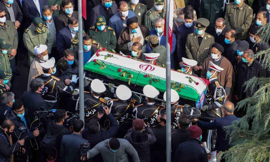 Members of Iranian forces carry the coffin of Mohsen Fakhrizadeh during his funeral ceremony in Tehran.