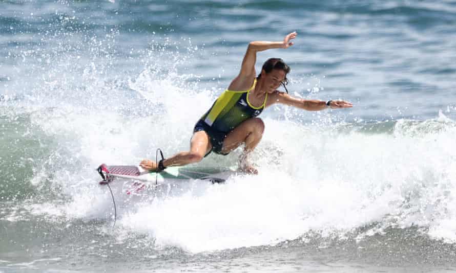 Sally Fitzgibbons of Team Australia surfs during a training session at Tsurigasaki Surfing Beach ahead of the start of the Tokyo 2020 Olympic Games