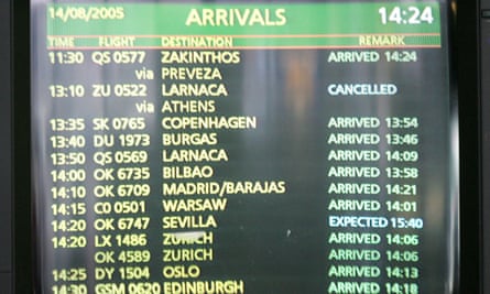 An arrival monitor in Prague, flight 522’s final destination, shows it as cancelled.