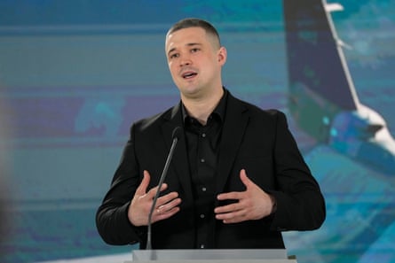 Mykhailo Fedorov speaks to journalists during a press conference