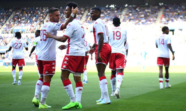 Sofiane Diop scores Monaco’s second goal in their 2-1 win over Strasbourg.