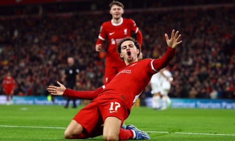 Liverpool’s Curtis Jones celebrates scoring their fifth goal against West Ham.