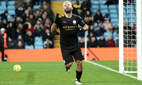 Manchester City’s Sergio Aguero celebrates scoring his side’s sixth goal and his hat-trick.
