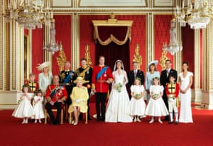 2011: Prince William and Catherine, Duchess of Cambridge, pose for an official photograph with their families on the day of their wedding, in the throne room at Buckingham Palace