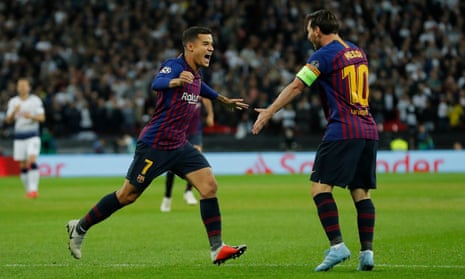 Philippe Coutinho with Lionel Messi, whose new deal at Barcelona, which sees him paid in excess of £50m per year, is a major factor in the Catalan club’s swollen payroll.