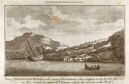 Engraving by Rennoldson of Captain Cook’s ship Endeavour laid on the shoreline of New Holland, now Queensland, in Australia. ‘There were people standing on the shore as Cook weighed anchor.’