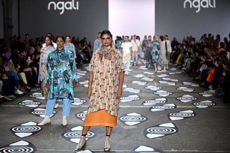 Australian model Samantha Harris presents creations by Najali during Australian Fashion Week.