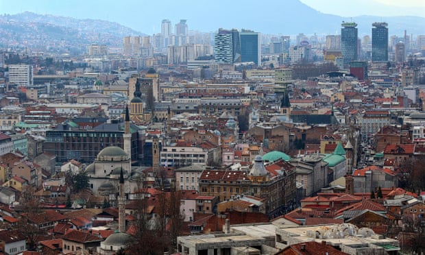 Aerial daytime city view of Sarajevo skyline.
