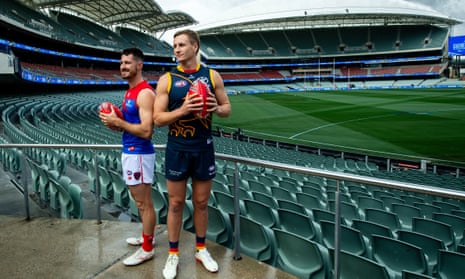 Melbourne’s Alex Neal-Bullen and Jordan Dawson of the Crows at the Adelaide Oval