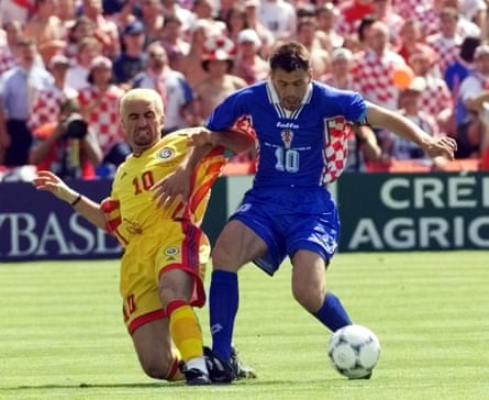 Zvonimir Boban holds off Gheorghe Hagi during Croatia’s win over Romania at the 1998 World Cup