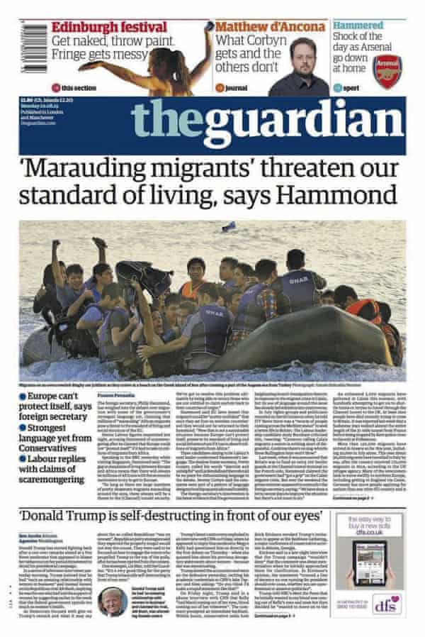 Guardian front page headlined ‘Marauding migrants’ threaten our standard of living, says Hammond