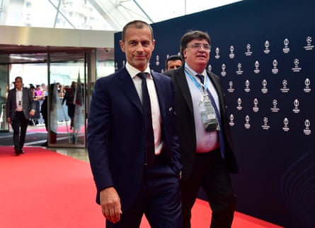 Aleksander Ceferin (centre), the Uefa president, and Theodore Theodoridis, the organisation’s general secretary, pictured in 2023