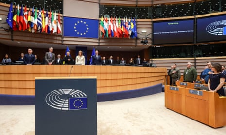 Zelenskiy addresses European Parliament in Brussels.