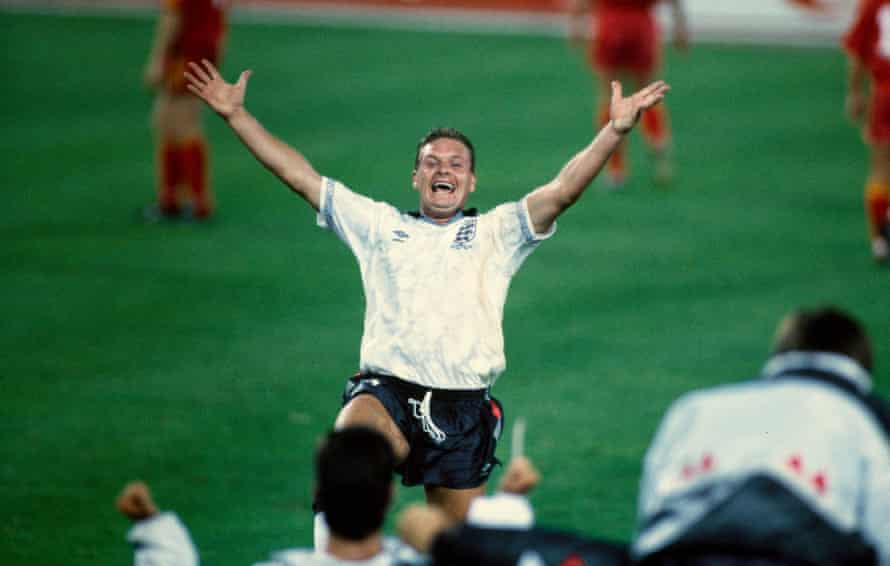 Paul Gascoigne celebrates his late assist for David Platt in the 1990 World Cup last-16 victory against Belgium