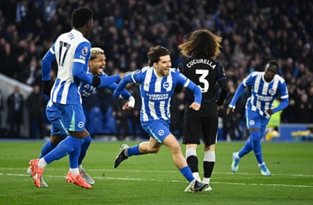 Ferdi Kadioglu celebrates scoring for Brighton against Chelsea in April.