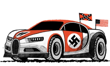 Illustration by David Foldvari of an alt-right Bugatti with confederate and Nazi insignia
