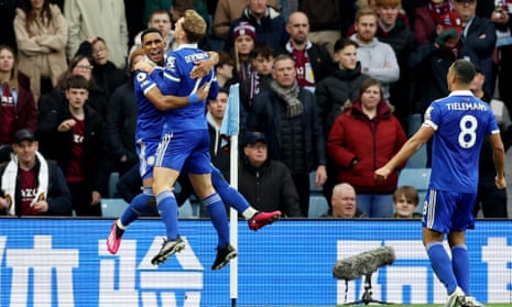 Leicester City's Mateus Tete celebrates scoring their third goal with Kiernan Dewsbury-Hall.