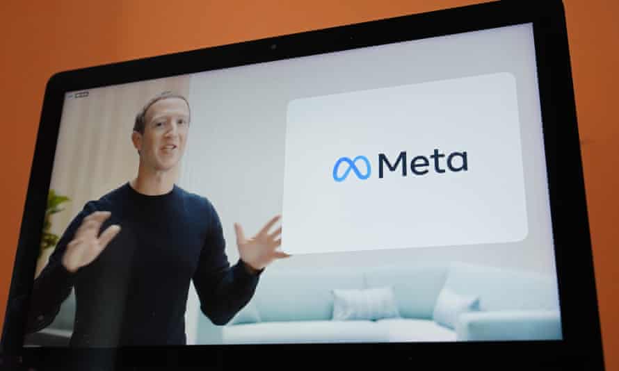 Mark Zuckerberg seen on a TV screen announcing the company’s new name, Meta