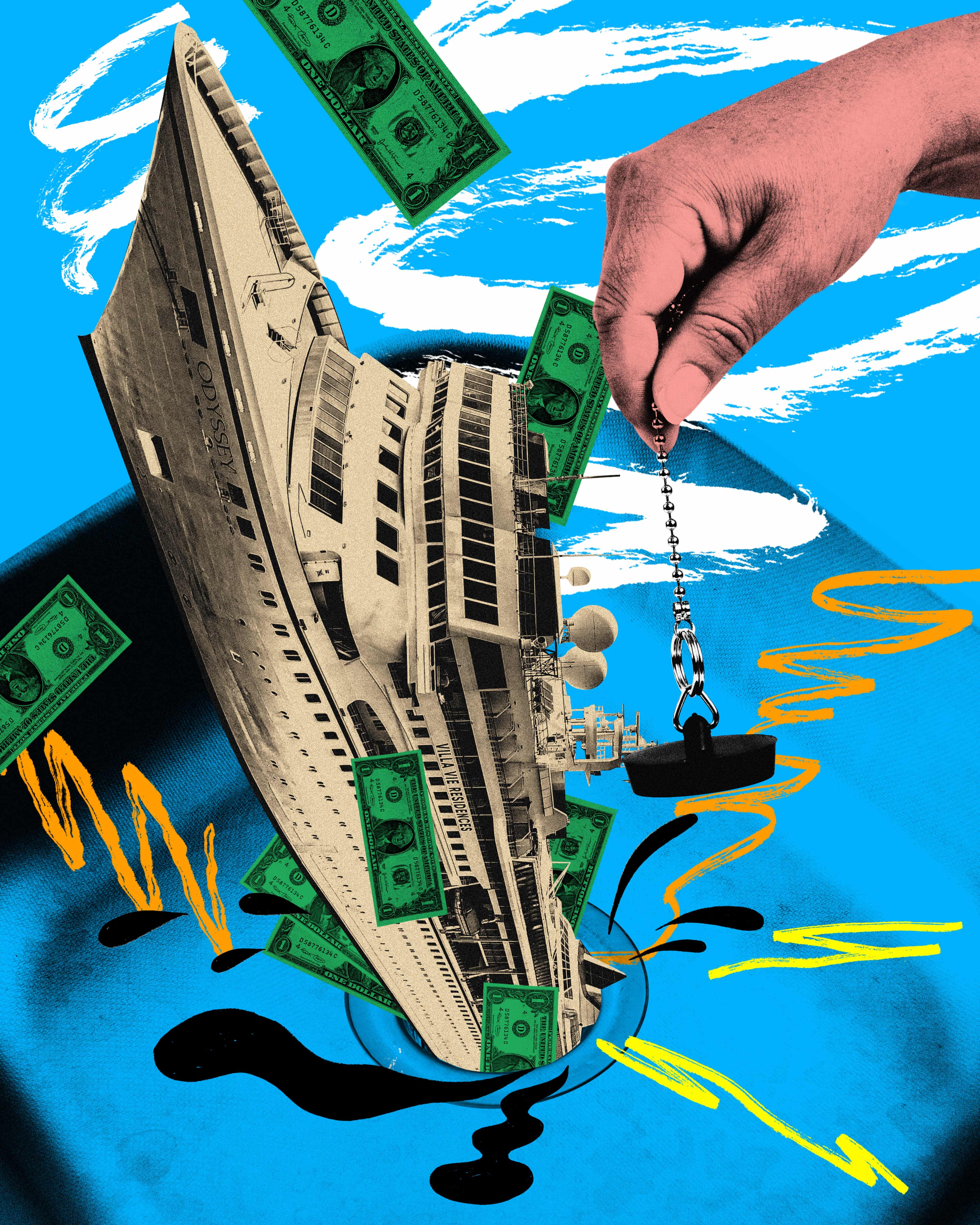 A hand pulls a plug from a sinking cruise ship, with dollar bills and oil spilling out