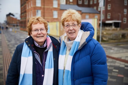 Manchester City fans Brenda Jeffery, left), and Wendy Lowther walking from the town centre to the Riverside.