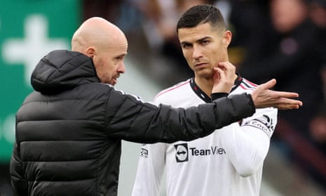 Erik ten Hag instructs Cristiano Ronaldo during Manchester United’s 3-1 defeat to Aston Villa last month