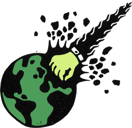 A businessman’s fist striking the Earth like a meteor, scattering debris.