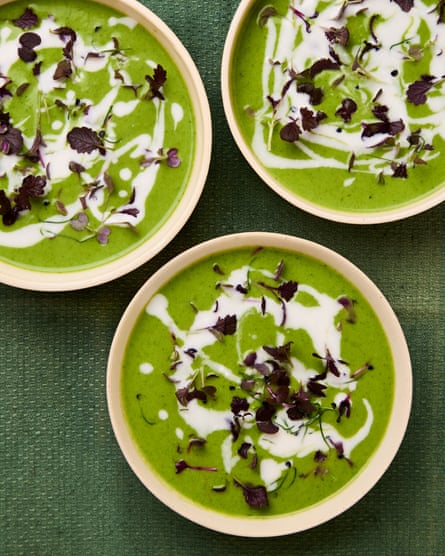 Ravinder Bhogal’s chilled pea, green curry and Thai basil soup.