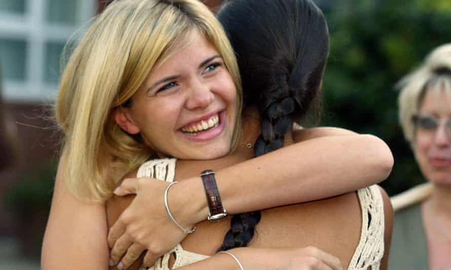 Emma Barnett, 18, from the Manchester High School for Girls embraces a friend after achieving 3 grade A’s at A-Level and getting one of the highest grades in the country at RE
