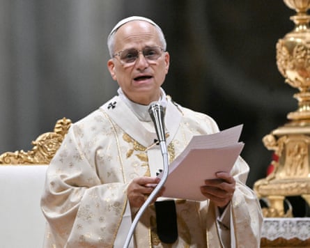 Pope Leo delivers Christmas sermon in front of a microphone in St Peter’s