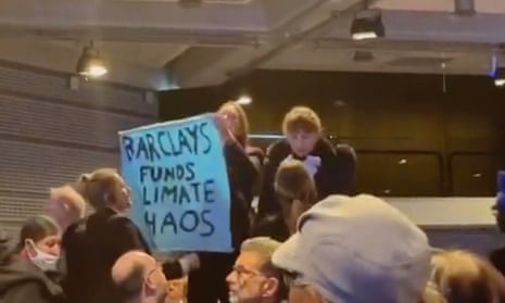 Climate protesters have disrupted chairman Nigel Higgins, less than five minutes into the Barclays annual general meeting