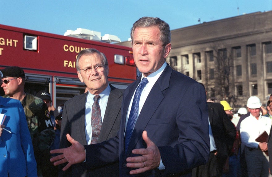 Donald Rumsfeld and George W Bush at the Pentagon on the morning of 11 September 2001.