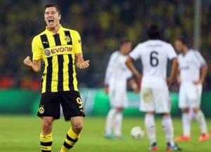 Robert Lewandowski celebrates a goal against Real Madrid with Dortmund in the Champions League semi-finals of 2013