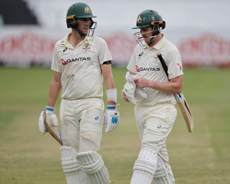 Australia captain Pat Cummins and Matt Renshaw resume the first innings against South Africa on day two of the first Test at Kingsmead Cricket Ground in Durban