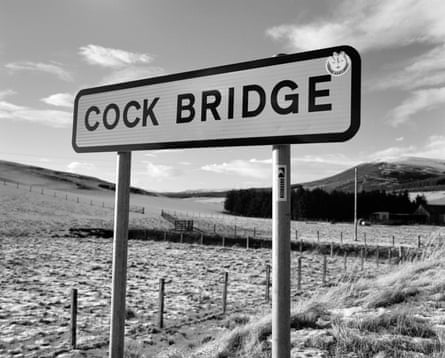 A road sign for Cock Bridge in Aberdeenshire