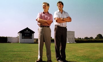 Frank Duckworth, left, with his fellow mathematician Tony Lewis at Stone cricket ground in Gloucestershire,  1998. 